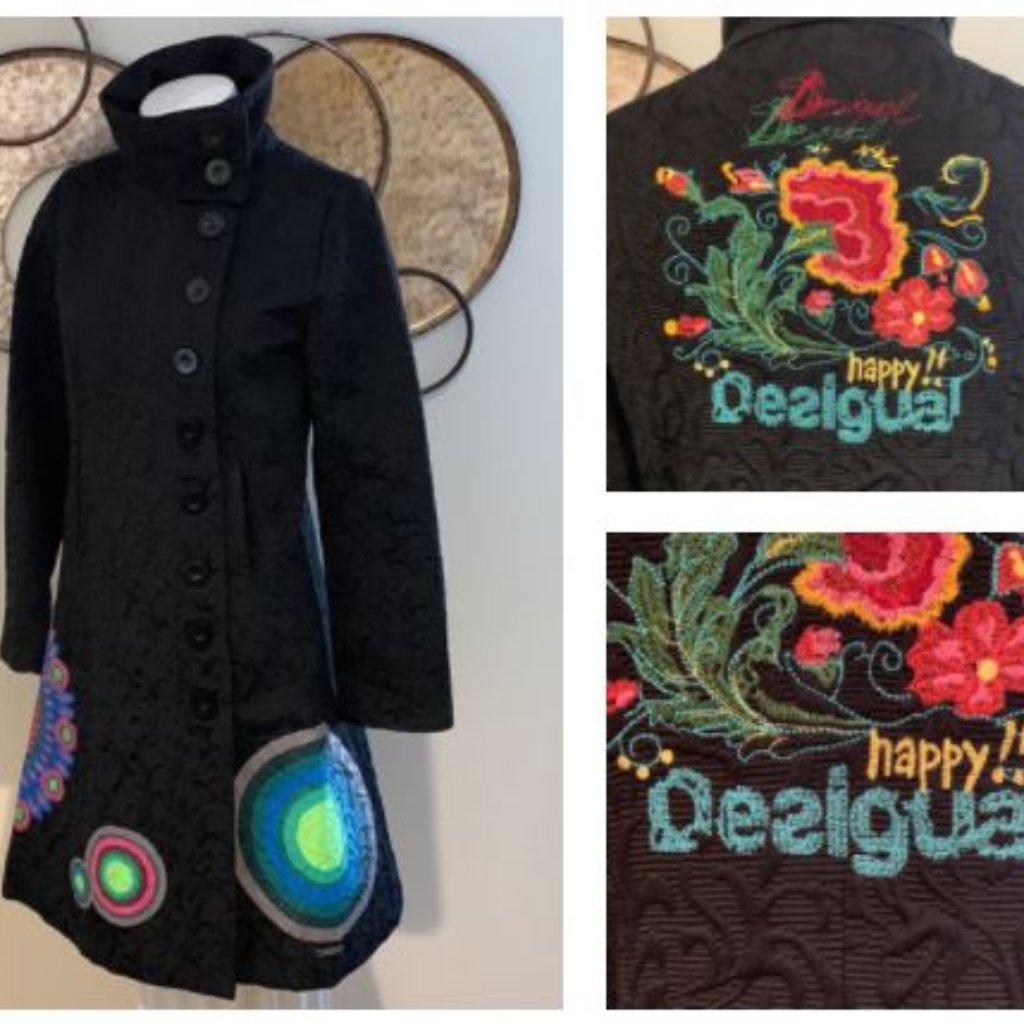 Desigual - "Happy !!" Coat, Size Medium, Main Color Black With Pop Colors.